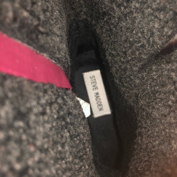 Steve Madden Maximus Burgundy Double Buckle Leather Boot Charcoal Sherpa Lined - Picture 5 of 8